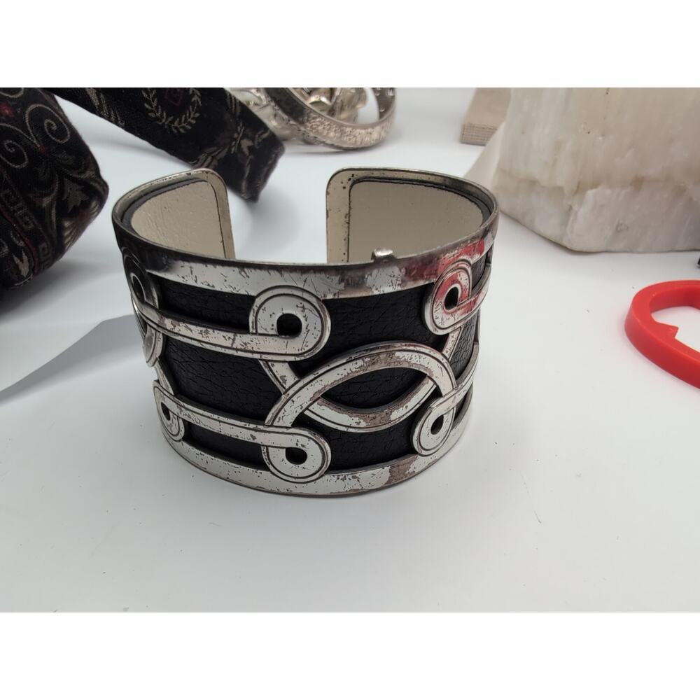 Brighton Silver Tone Christo Lima Faux Leather Wide Cuff Bracelet Scroll revers